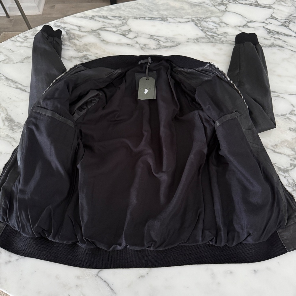 ALL SAINTS X- SMALL Mens Black Leather NINO Bomber Jacket - Picture 13 of 14